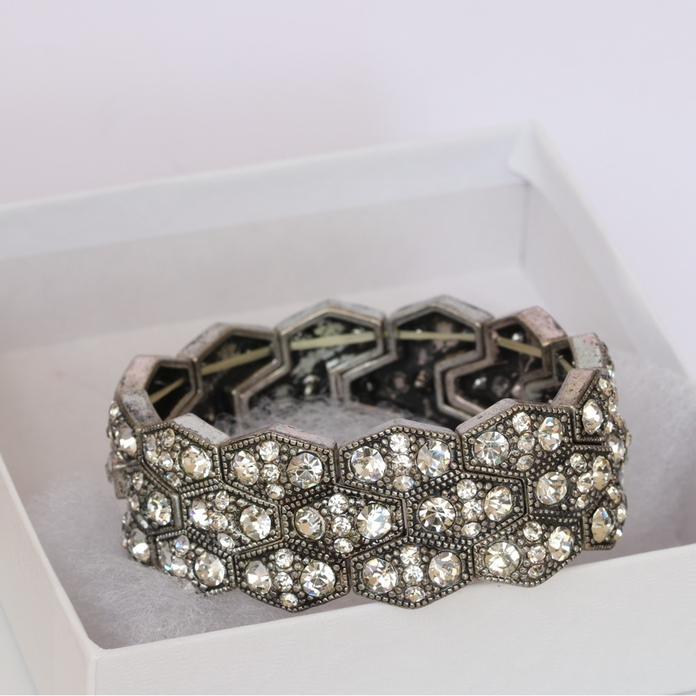 Vintage Rhinestone Hexagon Stretch Bracelet – Handmade Statement Jewelry - Picture 8 of 9
